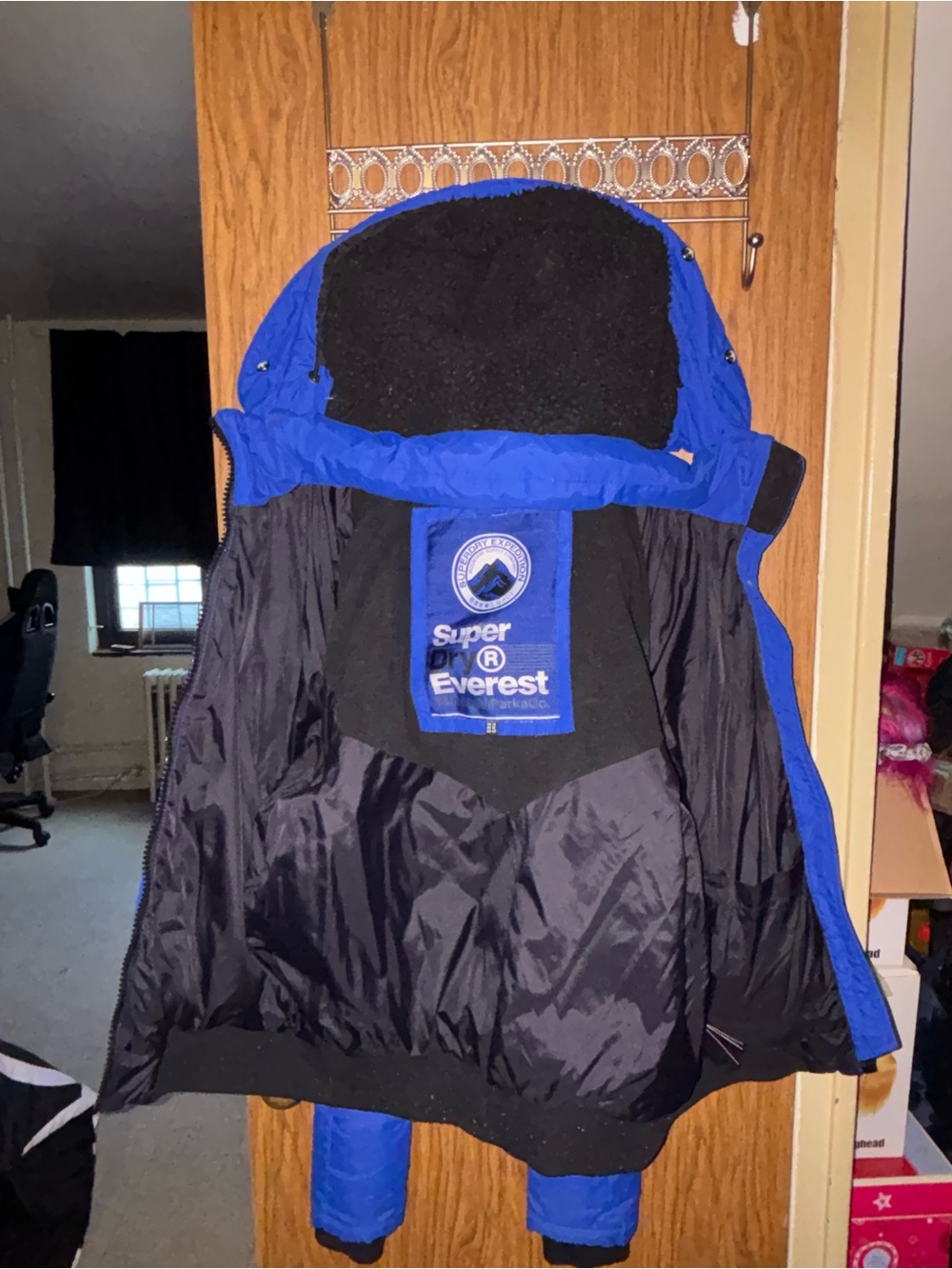 Superdry Blue and Black Everest Parka Label
